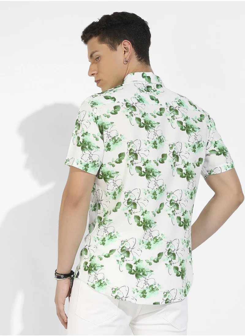 Campus Sutra Men's Green & White Botanical Strokes Shirt