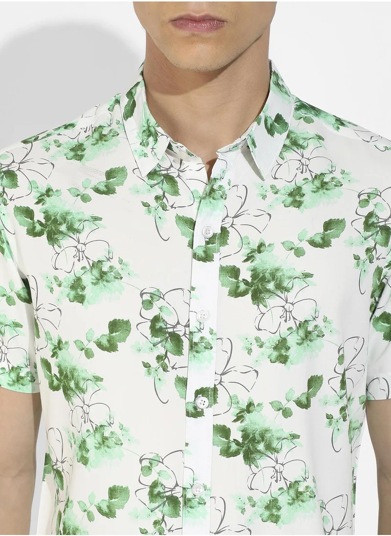 Campus Sutra Men's Green & White Botanical Strokes Shirt