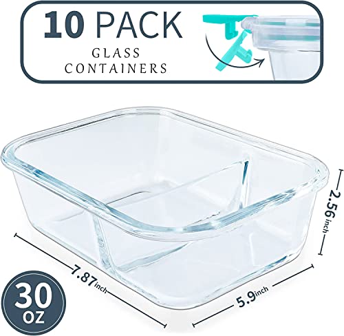 KOMUEE 10 Packs 30oz Glass Meal Prep Containers 2 Compartments,Glass Food Storage Containers with Lids,Airtight Glass Lunch Bento Boxes,Oven,Freezer and Dishwasher Safe, Green - Image 2