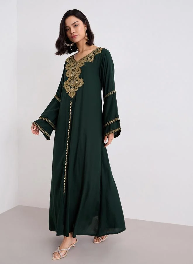 Styli Styli Layered Flare Sleeve Jalabiya with Thread Embroidery