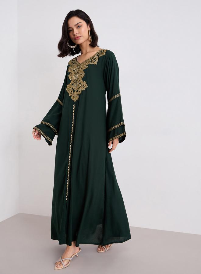 Styli Layered Flare Sleeve Jalabiya with Thread Embroidery - Image 1