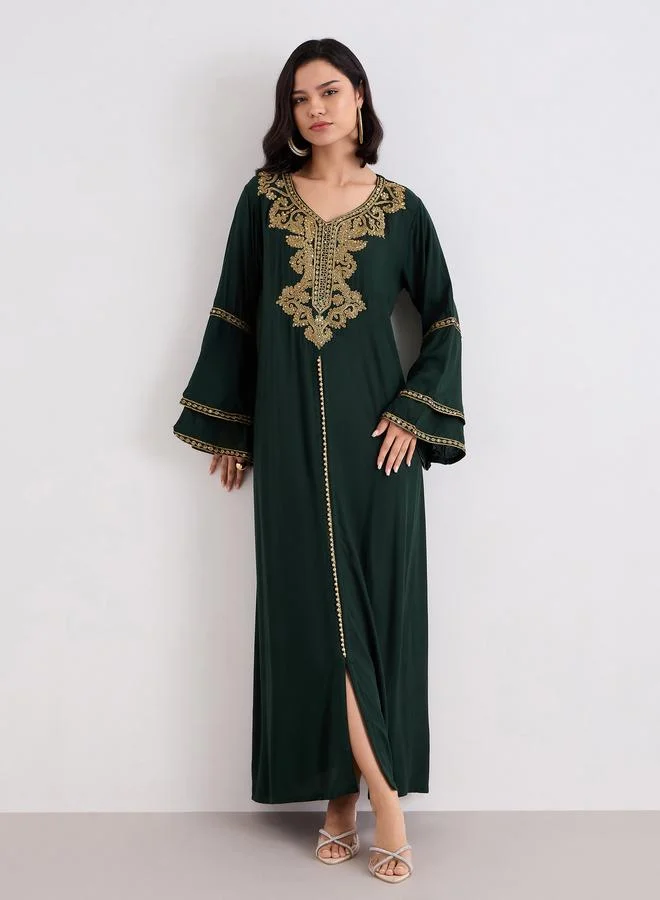 Styli Styli Layered Flare Sleeve Jalabiya with Thread Embroidery