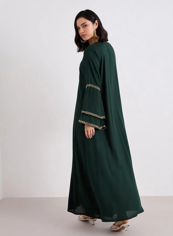 Styli Styli Layered Flare Sleeve Jalabiya with Thread Embroidery
