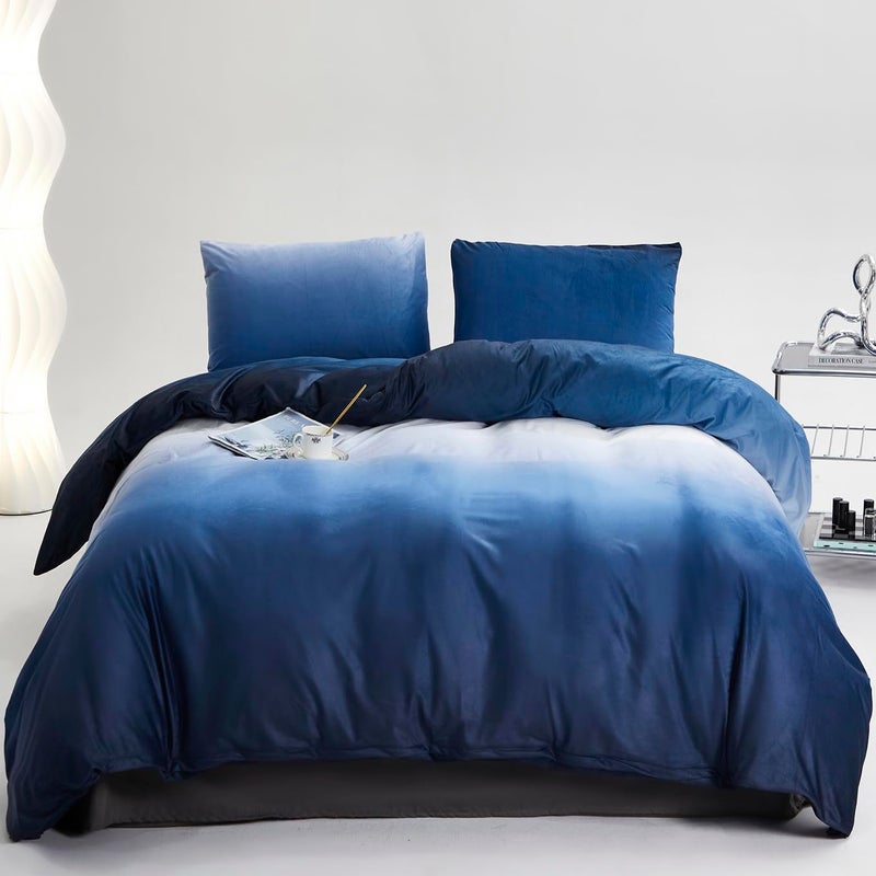 Karever Blue White Lradient Comforter Set Cal King Blue Velvet Flevet Comforter Modern Plain White and Royal Blue Tradient Soft Soft Farmhouse Flannel Comfort - Image 1