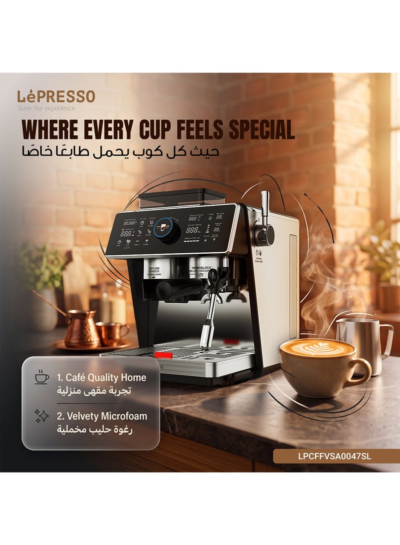 LePRESSO Semi Automatic Dual Boiler Coffee Machine with 20 Bar Pressure, Touch Display & Adjustable Grinder, Espresso Maker, Milk Steamer, Pitcher, Portafilter, Scoop & Tamper Included, Good for Home, Office and more - Image 5