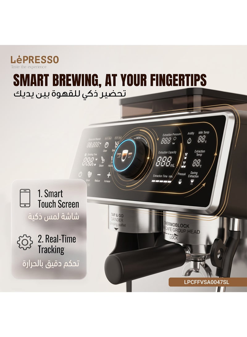 LePRESSO Semi Automatic Dual Boiler Coffee Machine with 20 Bar Pressure, Touch Display & Adjustable Grinder, Espresso Maker, Milk Steamer, Pitcher, Portafilter, Scoop & Tamper Included, Good for Home, Office and more - Image 3