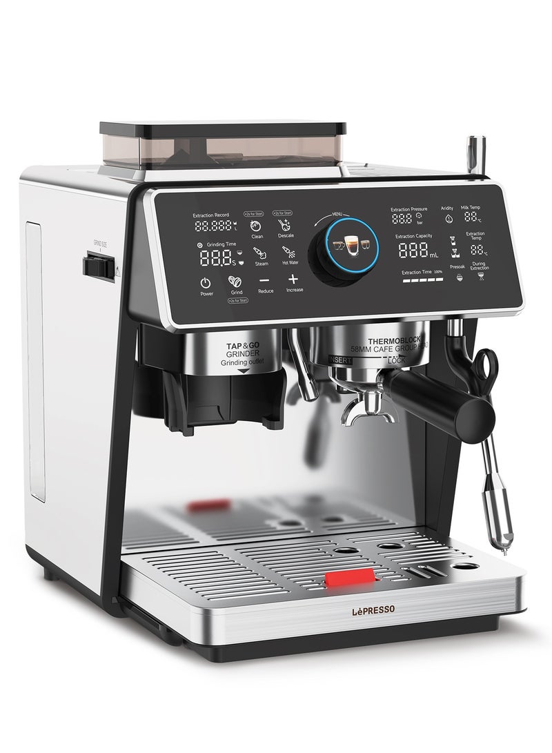 LePRESSO Semi Automatic Dual Boiler Coffee Machine with 20 Bar Pressure, Touch Display & Adjustable Grinder, Espresso Maker, Milk Steamer, Pitcher, Portafilter, Scoop & Tamper Included, Good for Home, Office and more - Image 1