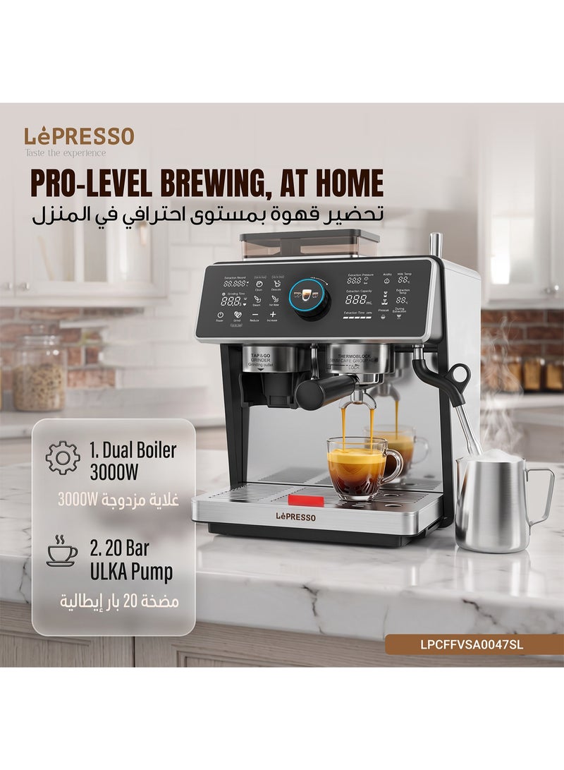 LePRESSO Semi Automatic Dual Boiler Coffee Machine with 20 Bar Pressure, Touch Display & Adjustable Grinder, Espresso Maker, Milk Steamer, Pitcher, Portafilter, Scoop & Tamper Included, Good for Home, Office and more - Image 2