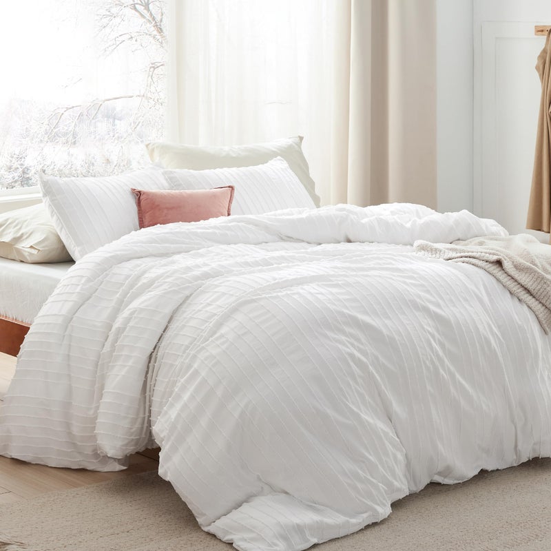 Bedsure Striped Boho Duvet Cover Queen Size - Shabby Chic Tufted Boho Bedding Set, 3 Pieces Shabby Chic Home Bedding for All Seasons, Includes 1 Queen Duvet Cover & 2 Pillowcases (White, 90" x 90") - Image 2