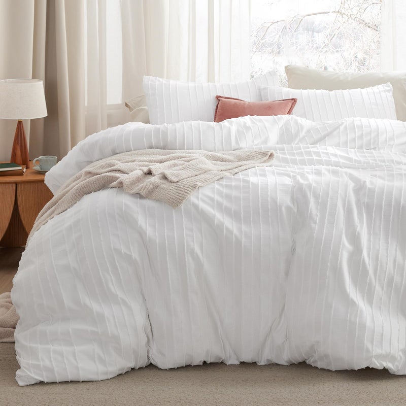Bedsure Striped Boho Duvet Cover Queen Size - Shabby Chic Tufted Boho Bedding Set, 3 Pieces Shabby Chic Home Bedding for All Seasons, Includes 1 Queen Duvet Cover & 2 Pillowcases (White, 90" x 90") - Image 1