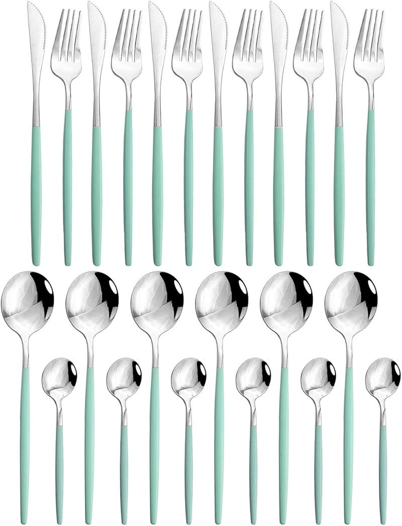 JASHII 24 Piece Titanium Mint Green Plated Stainless Steel Flatware Set Utensils Set Cutlery Set Service for 6 Mint Green Handle Shiny Silver - Image 1