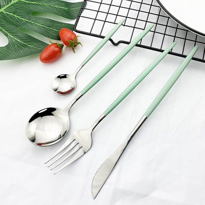 JASHII 24 Piece Titanium Mint Green Plated Stainless Steel Flatware Set Utensils Set Cutlery Set Service for 6 Mint Green Handle Shiny Silver - Image 5