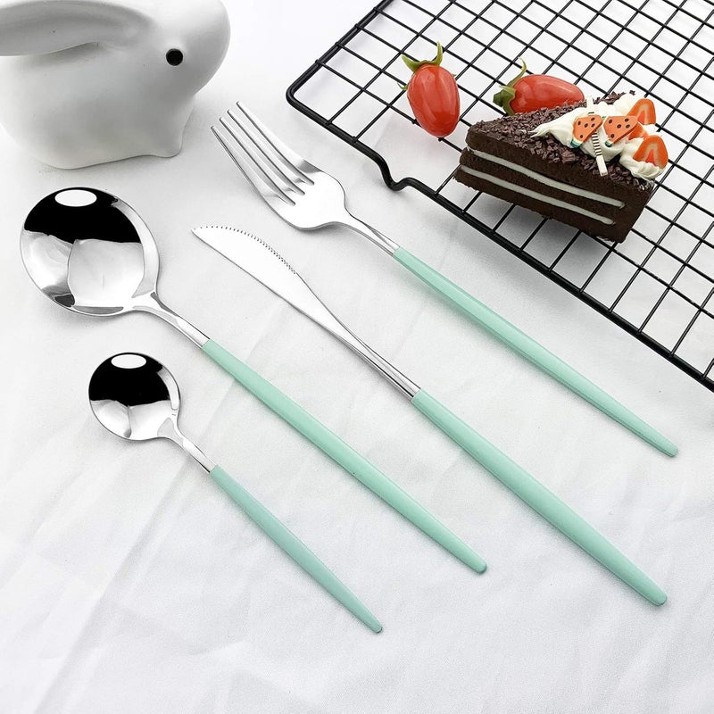 JASHII 24 Piece Titanium Mint Green Plated Stainless Steel Flatware Set Utensils Set Cutlery Set Service for 6 Mint Green Handle Shiny Silver - Image 2