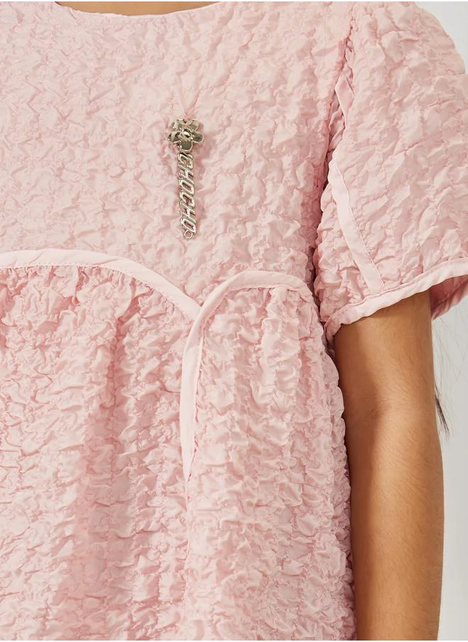ستايلي Textured Puff Sleeves Smock Dress