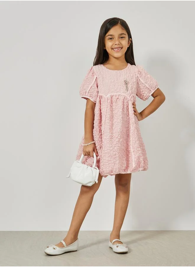 Styli Textured Puff Sleeves Smock Dress