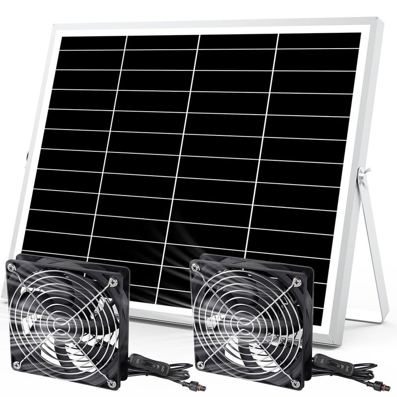 pqins 5 Inch Solar Powered Fan, Solar Exhaust Intake Fan Kit, IPX7 Waterproof Dual Fans with 13Ft On/Off Switch Cable, Cooling Ventilation for Greenhouse, Chicken Coop, Shed, Dog House, Outside - Image 1