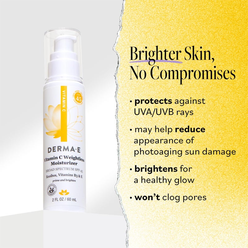 derma-e Derma E Vitamin C Weightless Moisturizer SPF 45, 2 Fl Oz, Skin Brightening Face Cream with Mineral UVA/UVB Sunscreen, Hydrating Face Moisturizer with SPF for Lines, Wrinkles and Uneven Tone - Image 2