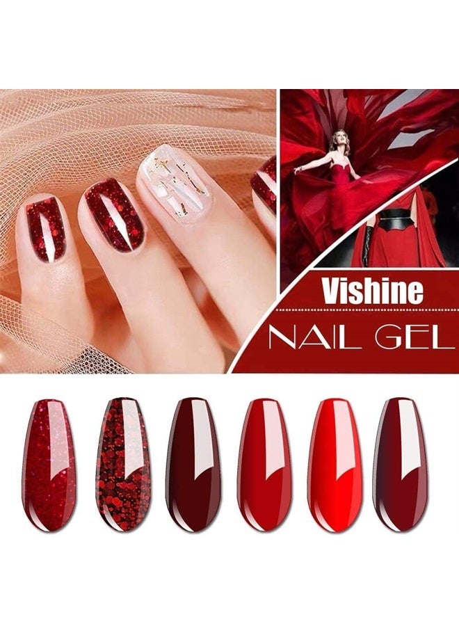 Vishine طقم طلاء أظافر جل براق باللون الأحمر والبورغندي 6 ألوان طويل الأمد، قابل للإزالة بالأشعة فوق البنفسجية LED زجاجة 8 مل - Image 2
