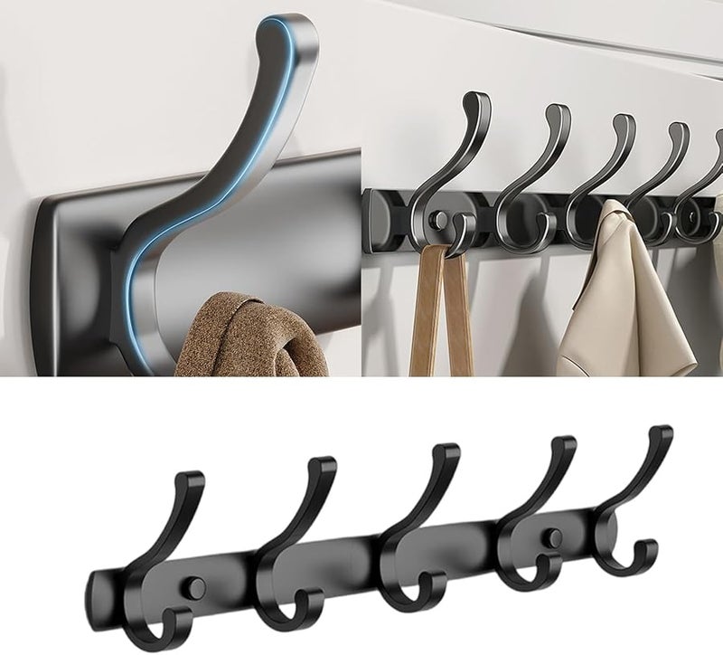 Black 5 Hooks Metal Stick On Hooks for Towels Coats Bathroom and Door Home Accessory - Image 3