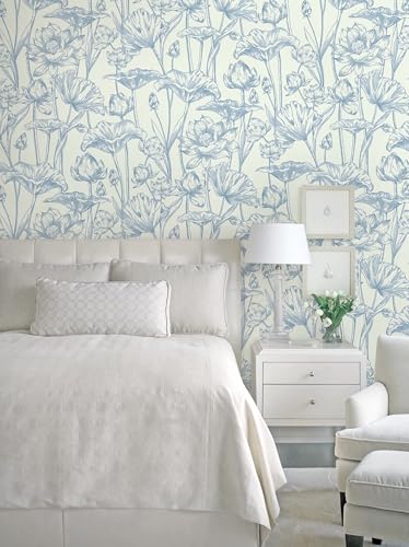 Vinjiasin Peel and Stick Wallpaper Blue Floral Contact Paper Modern Lotus Wall Paper for Bathroom Bedroom Self Adhesive Removable Flower Leaf 16.1"x 78.7" - Image 2