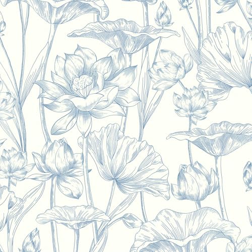 Vinjiasin Peel and Stick Wallpaper Blue Floral Contact Paper Modern Lotus Wall Paper for Bathroom Bedroom Self Adhesive Removable Flower Leaf 16.1"x 78.7" - Image 1