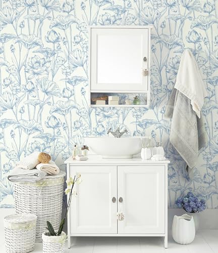 Vinjiasin Peel and Stick Wallpaper Blue Floral Contact Paper Modern Lotus Wall Paper for Bathroom Bedroom Self Adhesive Removable Flower Leaf 16.1"x 78.7" - Image 5