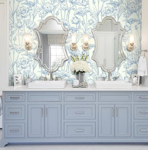 Vinjiasin Peel and Stick Wallpaper Blue Floral Contact Paper Modern Lotus Wall Paper for Bathroom Bedroom Self Adhesive Removable Flower Leaf 16.1"x 78.7" - Image 3