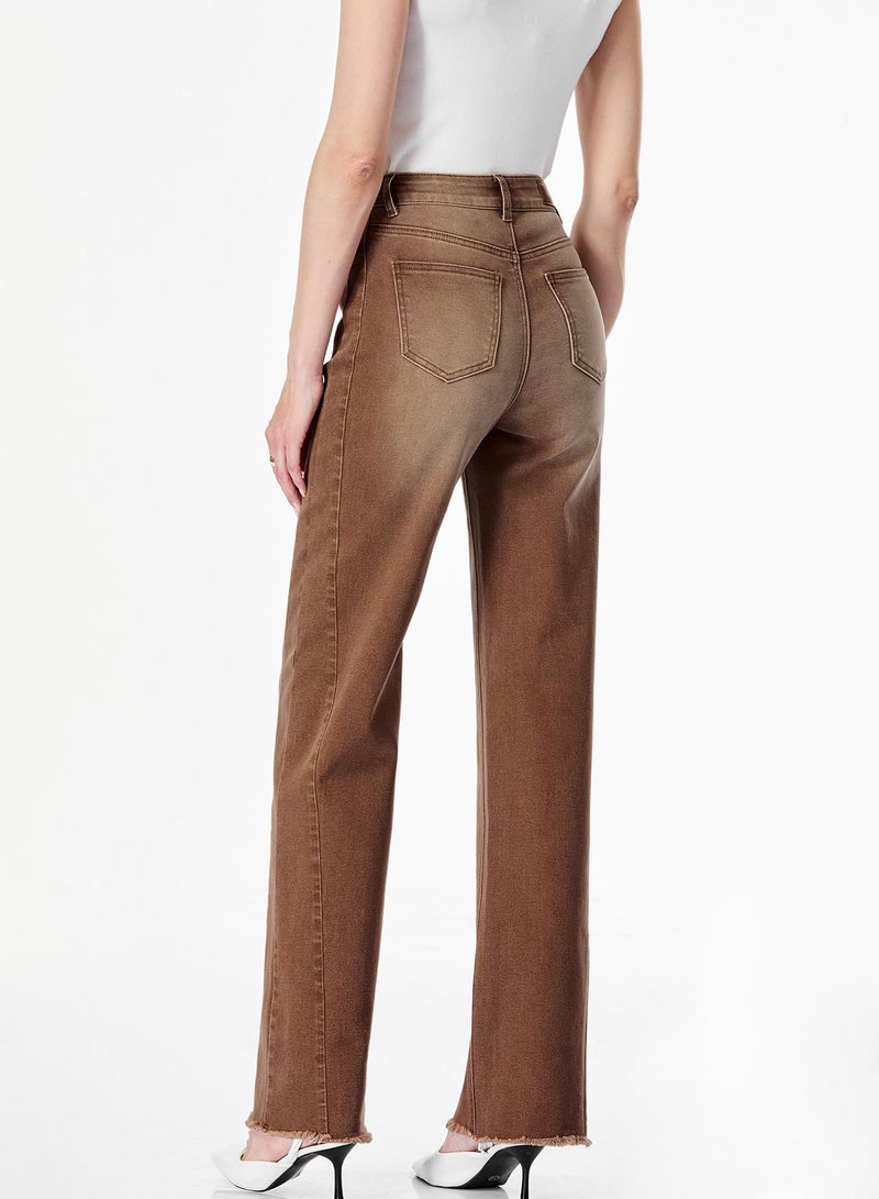 Sidefeel Women's Wide Leg Jeans High Waisted Stretchy Raw Hem Denim Pants Size 12 Brown - Image 2