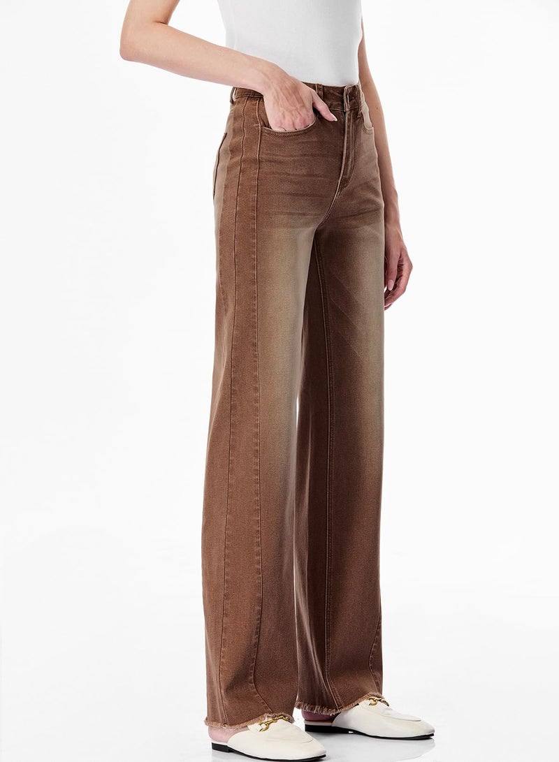 Sidefeel Women's Wide Leg Jeans High Waisted Stretchy Raw Hem Denim Pants Size 12 Brown - Image 5
