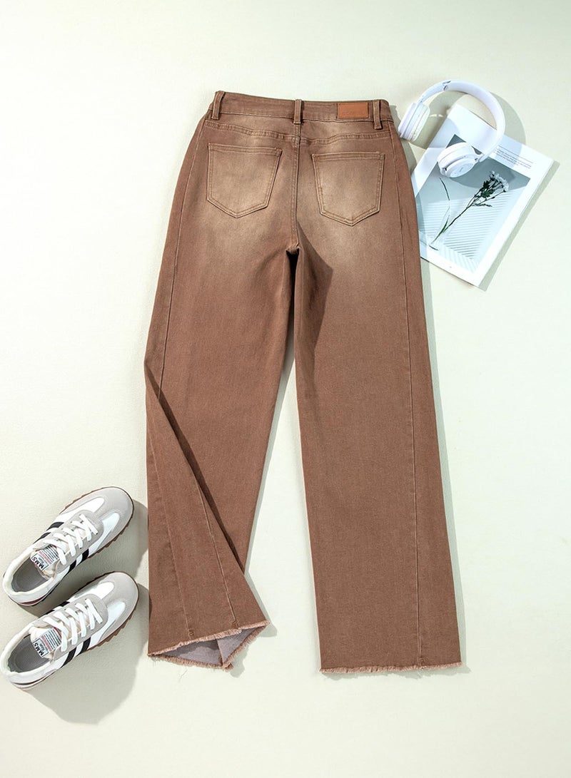 Sidefeel Women's Wide Leg Jeans High Waisted Stretchy Raw Hem Denim Pants Size 12 Brown - Image 3