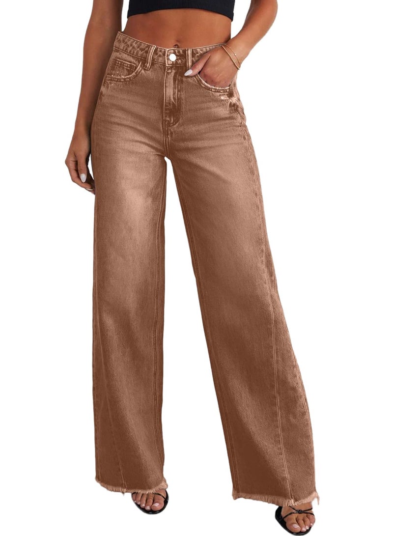 Sidefeel Women's Wide Leg Jeans High Waisted Stretchy Raw Hem Denim Pants Size 12 Brown - Image 1