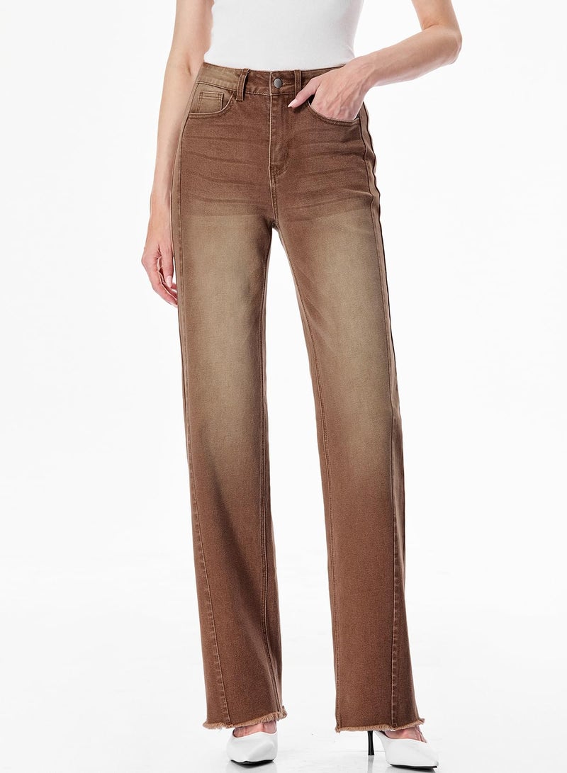 Sidefeel Women's Wide Leg Jeans High Waisted Stretchy Raw Hem Denim Pants Size 12 Brown - Image 4
