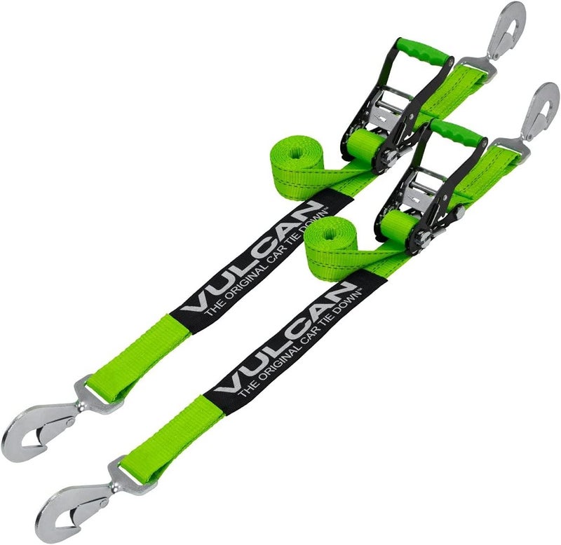 VULCAN Car Tie Down with Twisted Snap Hooks - 2 Inch x 96 Inch - 2 Pack - High-Viz - 3,300 Pound Safe Working Load - Image 1