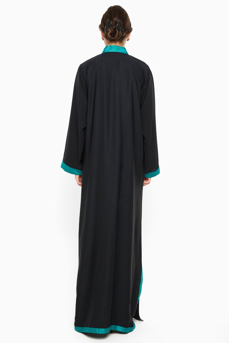 NUKHBAA A gorgeous abaya with shimmering blue satin stripe detail by the sleeves ; side slits and closure .-AJ589A - Image 3