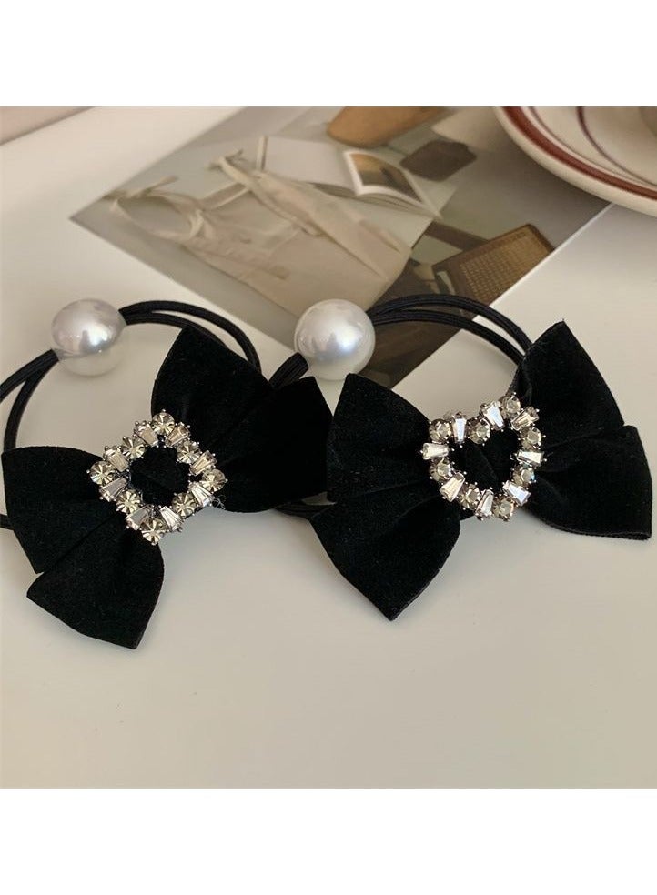 LUOSINA 2PCS Bow Hair Ties Velvet  Scrunchies Women  Girls Pearl  Rhinestones Scrunchie  Bowknot  Scrunchy Long Tail Ponytail Black Ties - Image 1