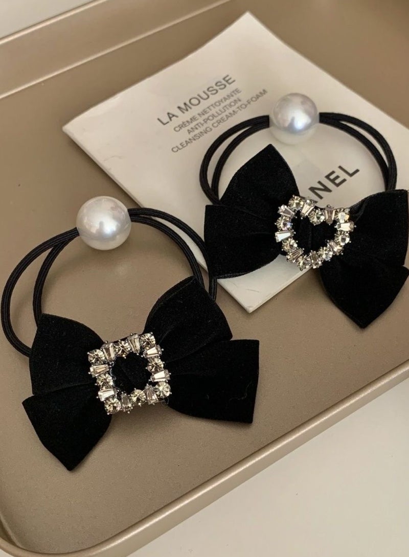 LUOSINA 2PCS Bow Hair Ties Velvet  Scrunchies Women  Girls Pearl  Rhinestones Scrunchie  Bowknot  Scrunchy Long Tail Ponytail Black Ties - Image 2