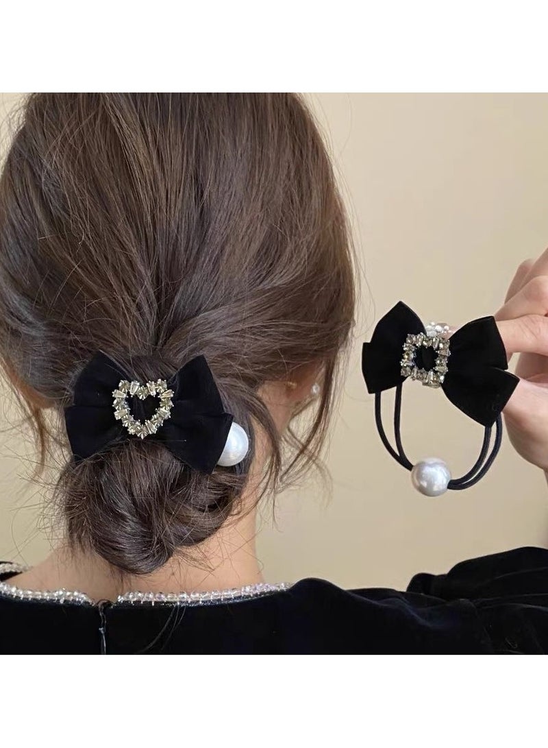 LUOSINA 2PCS Bow Hair Ties Velvet  Scrunchies Women  Girls Pearl  Rhinestones Scrunchie  Bowknot  Scrunchy Long Tail Ponytail Black Ties - Image 3
