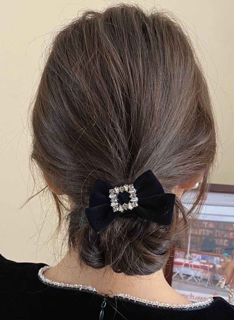 LUOSINA 2PCS Bow Hair Ties Velvet  Scrunchies Women  Girls Pearl  Rhinestones Scrunchie  Bowknot  Scrunchy Long Tail Ponytail Black Ties - Image 4