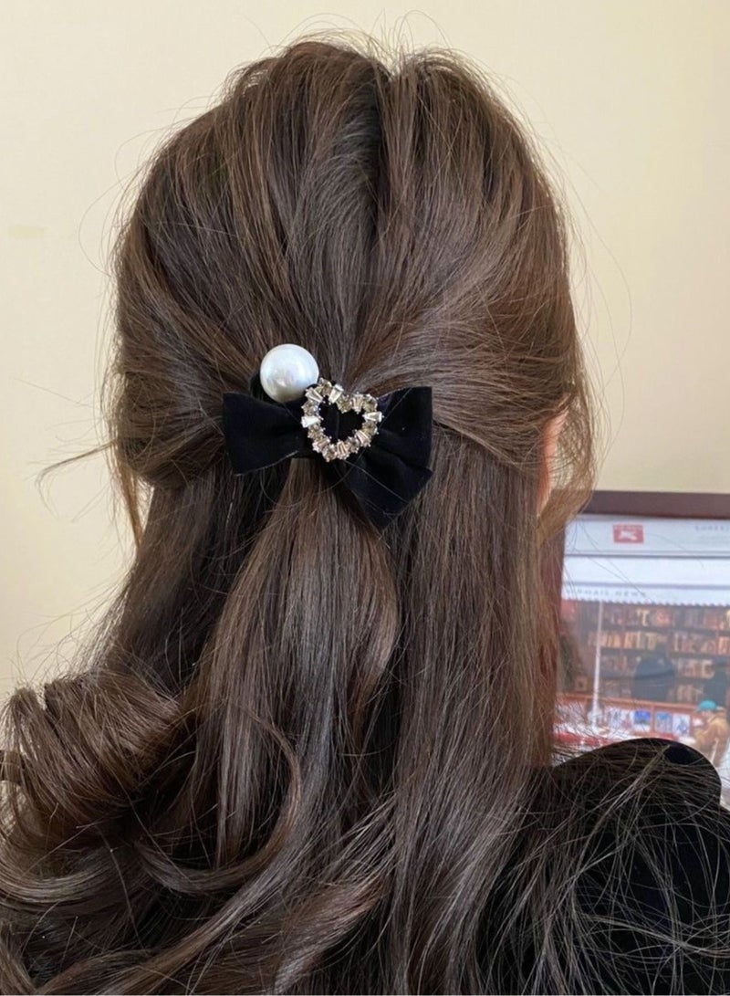 LUOSINA 2PCS Bow Hair Ties Velvet  Scrunchies Women  Girls Pearl  Rhinestones Scrunchie  Bowknot  Scrunchy Long Tail Ponytail Black Ties - Image 5