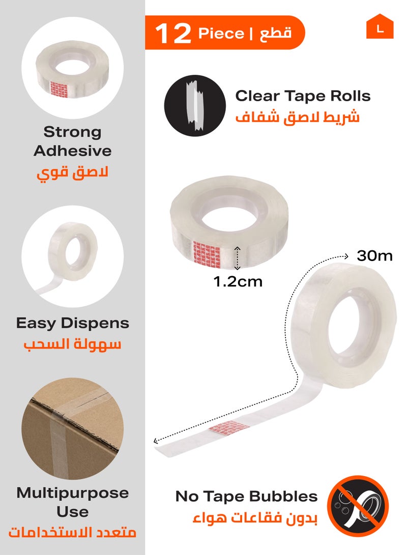 لوازم طقم تيب شفاف 1.2 سم * 30 متر 12 حبة - شريط لاصق شفاف سهل الاستخدام، يلتصق بقوة، ويوفر وضوحًا عاليًا - مناسب للاستخدام في المكتب، والمدرسة، والمنزل، والأشغال اليدوية، وتغليف الهدايا. - Image 2