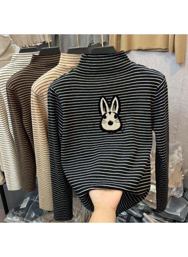 Boys And Girls German Velvet Inner Layering Shirt Autumn And Winter Medium And Large Kidsren's Half Turtleneck Long-sleeved T-shirt Stripesd Cartoon Top