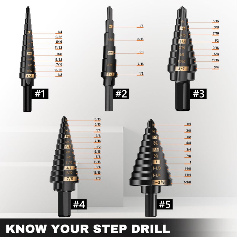 KSEIBI 598240 Industrial Grade Unibit 5-Pieces Step Drill Bits Set 3-Flat Shank, High-Speed Steel Metal Drill Bits Kit Black Oxide M2 for Drilling Stainless Steel, Aluminium, Wood - Image 3