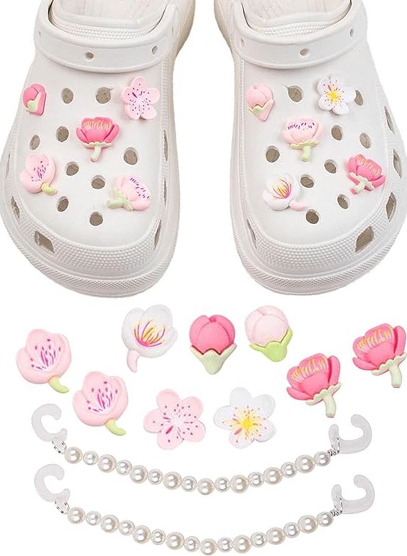 SYOSI 12 قطع من زينة أحذية للنساء، زينة أحذية كرتونية مع سلسلتين من اللؤلؤ للإكسسوارات المصنوعة يدويًا للصنادل والكروكس موضة لفتيات المراهقات ونساء حفلات هدايا عيد الميلاد - Image 1