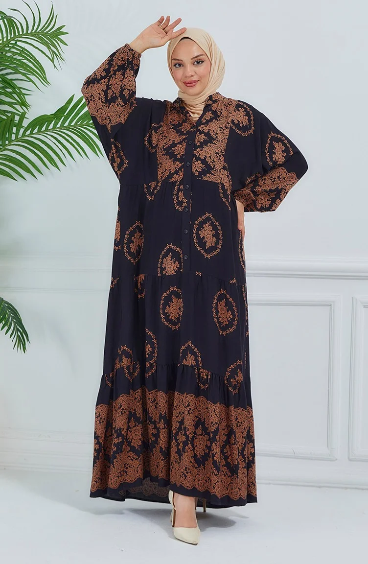 سيفا ميرفي Balloon Sleeve Patterned Dress 5585-03 Black