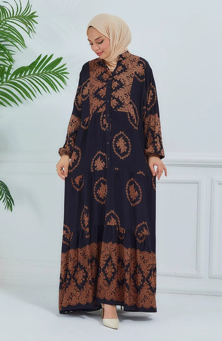 سيفا ميرفي Balloon Sleeve Patterned Dress 5585-03 Black