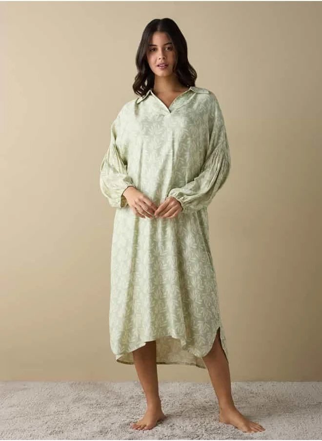 فاف All-Over Leaf Print Sleepshirt with Long Sleeves