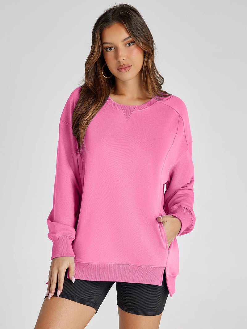 Glamaker Women's Long Sleeve Pullover Sweatshirt Oversized Sweatshirts Casual Crew Neck Tops Y2k Winter Fall Clothes Pink S - Image 2