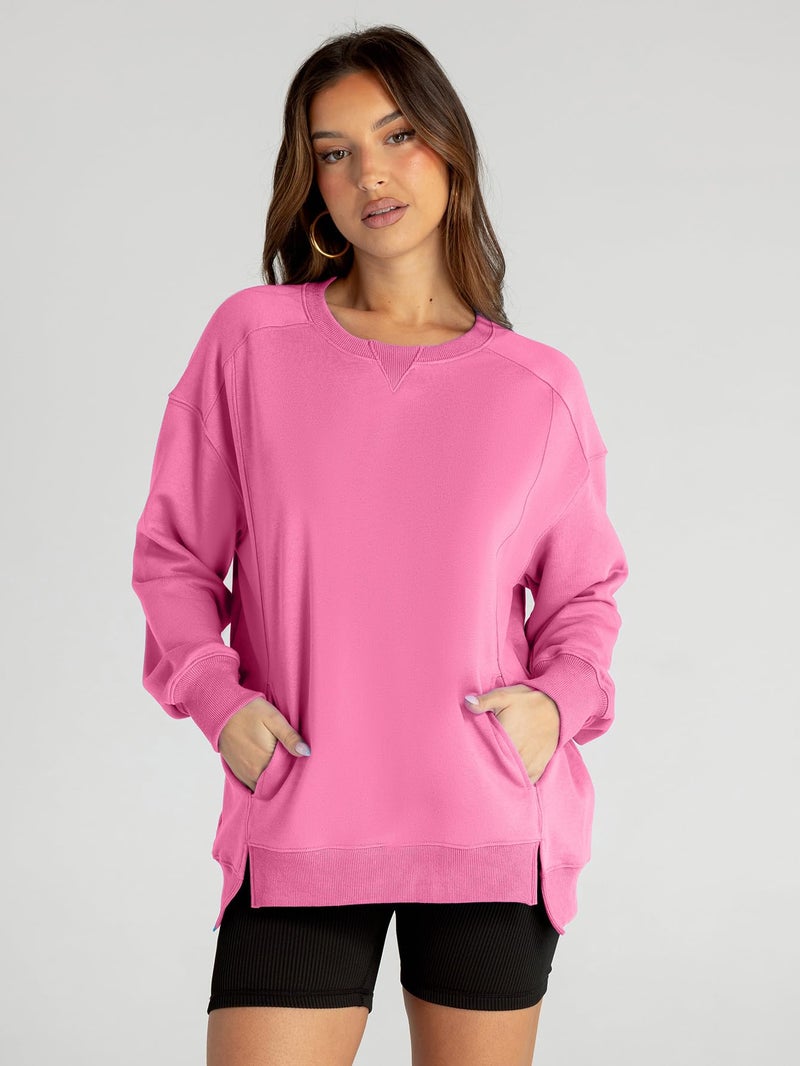 Glamaker Women's Long Sleeve Pullover Sweatshirt Oversized Sweatshirts Casual Crew Neck Tops Y2k Winter Fall Clothes Pink S - Image 3