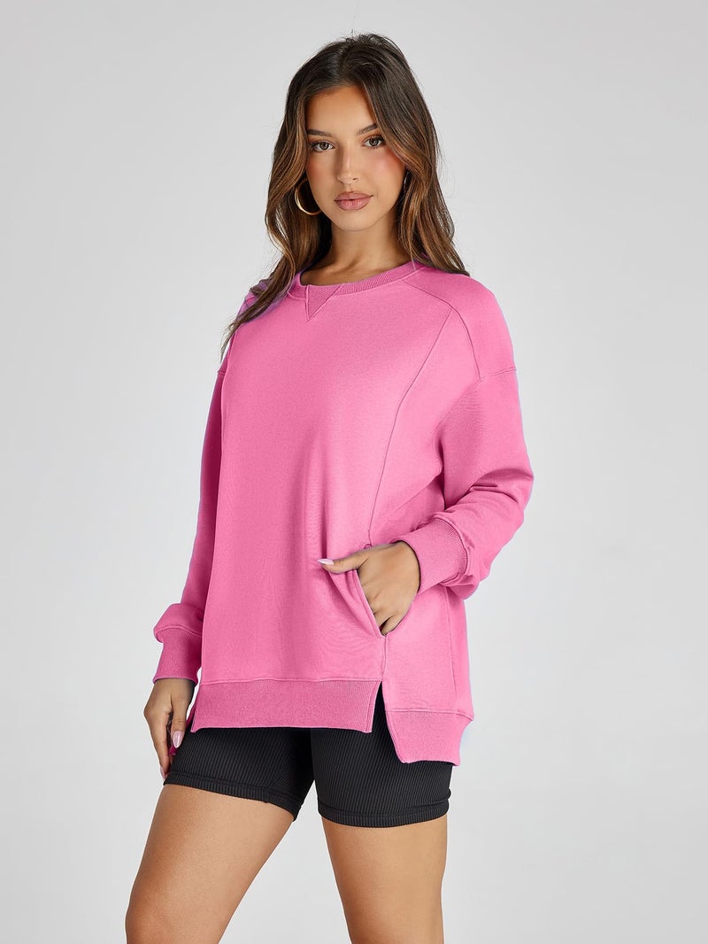 Glamaker Women's Long Sleeve Pullover Sweatshirt Oversized Sweatshirts Casual Crew Neck Tops Y2k Winter Fall Clothes Pink S - Image 4