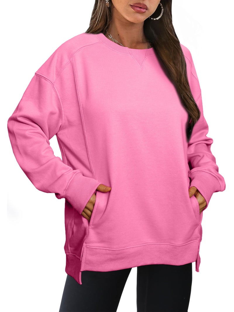 Glamaker Women's Long Sleeve Pullover Sweatshirt Oversized Sweatshirts Casual Crew Neck Tops Y2k Winter Fall Clothes Pink S - Image 1